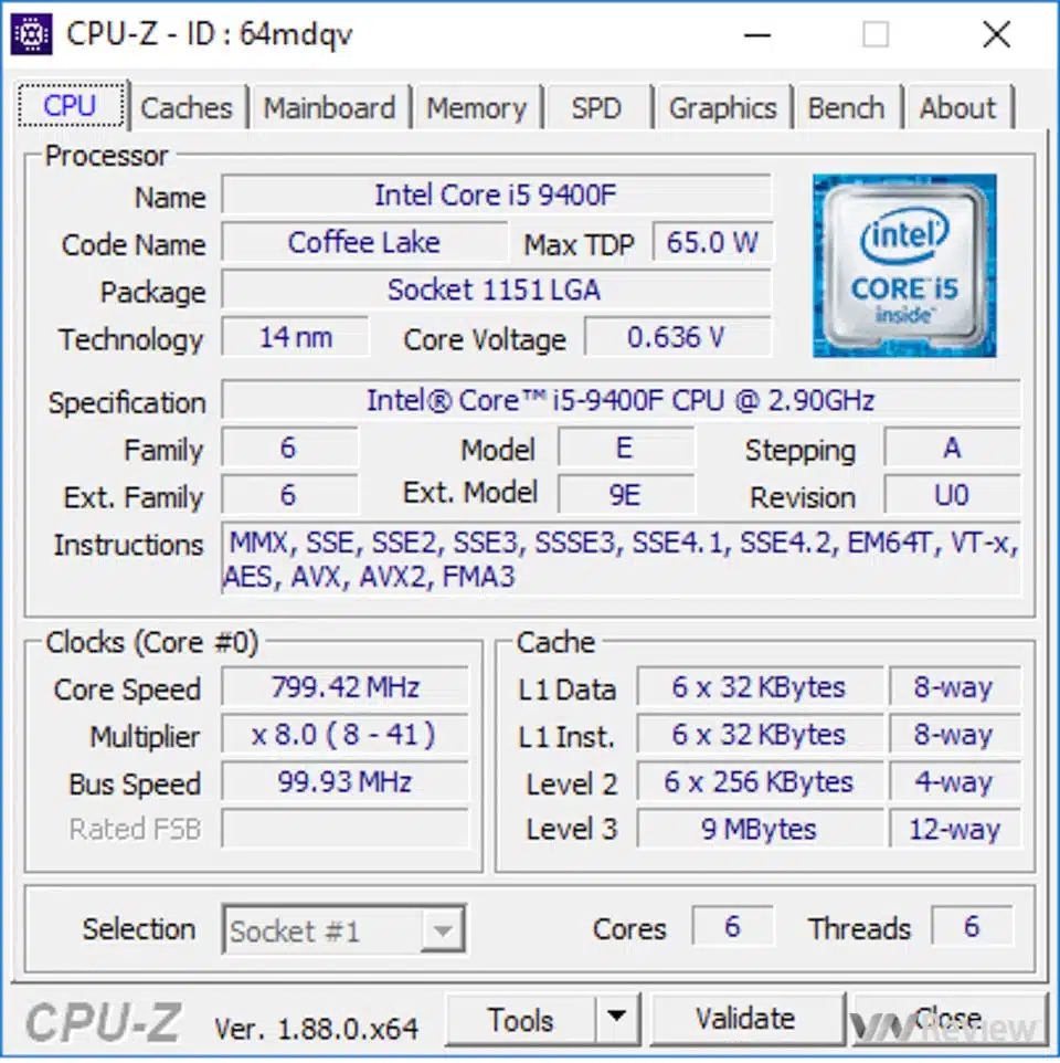 Đánh giá thông số CPU INTEL CORE I5-9400F
