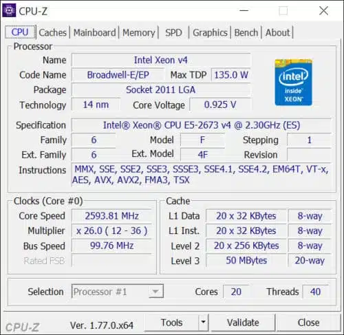 Thông số kỹ thuật Intel Xeon E5-2673 v4 trên CPU-Z - Protech Computer