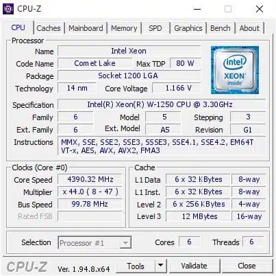 CPU Intel Xeon W-1250 6 Nhân 12 Luồng | Turbo 4.7GHz | 12M Cache | 80W trên CPU-Z - Protech Computer