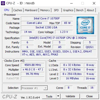 Thông số kỹ thuật của CPU Intel Core i7 10700F trên CPU-Z