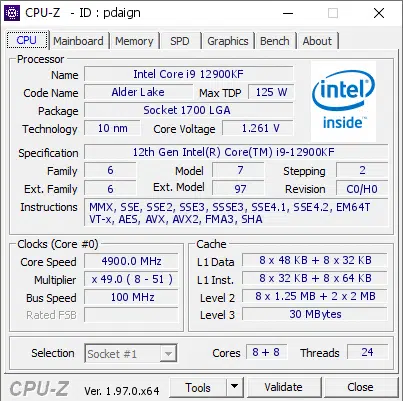 Thông số kỹ thuật Intel Core i9 12900KF trên CPU-Z