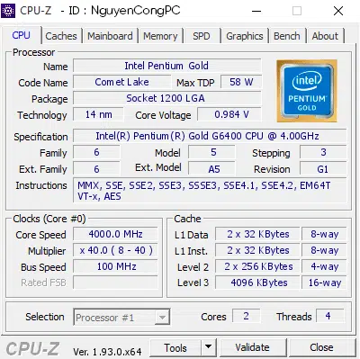 Thông số kỹ thuật của Intel Pentium Gold G6400 trên CPU-Z