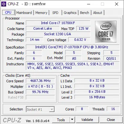 Thông số kỹ thuật Intel Core i7 10700KF trên CPU-Z