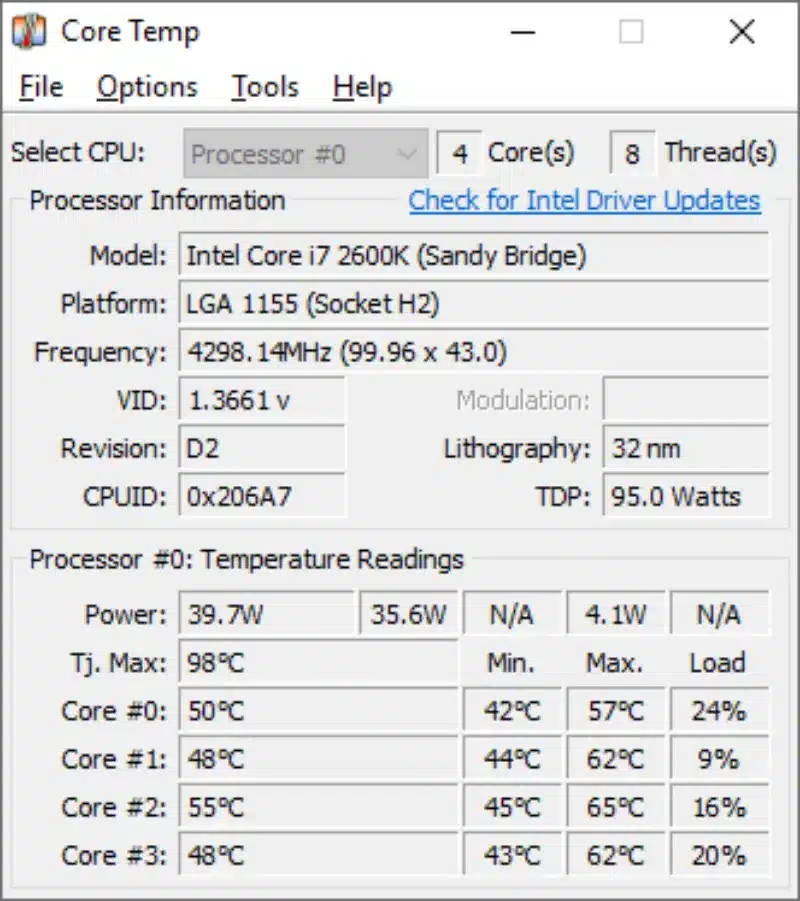 Cách kiểm tra nhiệt độ CPU win 11 với phần mềm CoreTemp